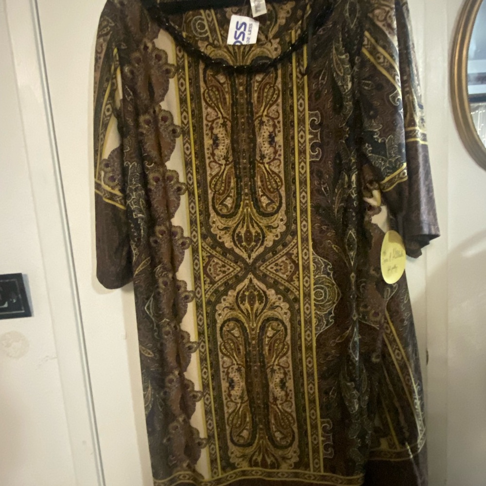 Brown and Gold Patterned Dress with necklace